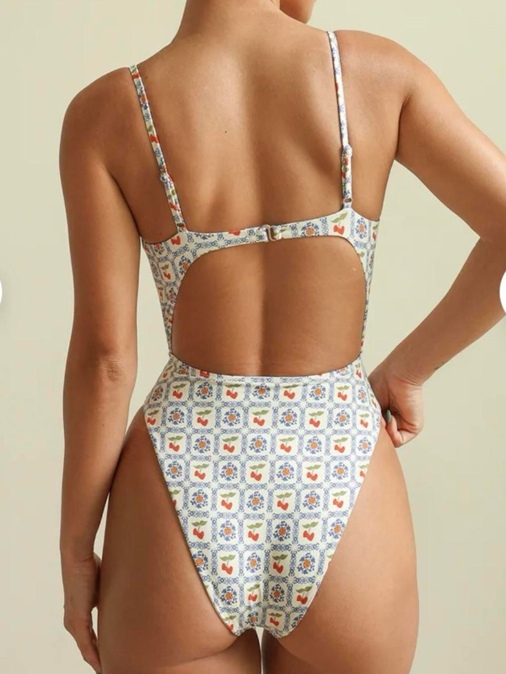 White and blue Floral & Cherry Cutout One-Piece Swimsuit - Picture 3 of 7